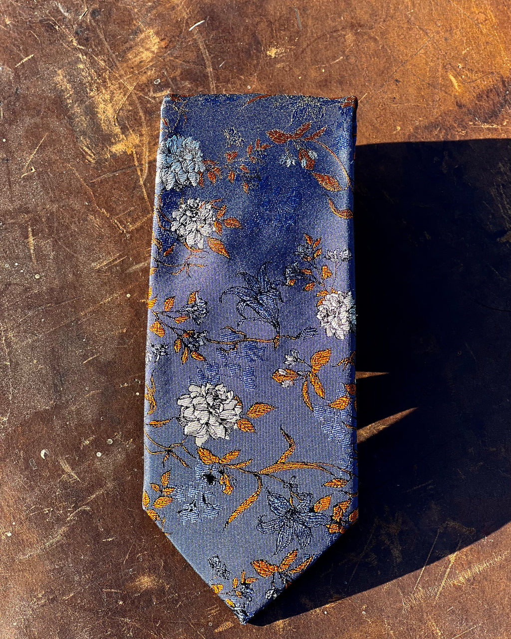 Floral silk tie - white roses, gold leaves, blue background