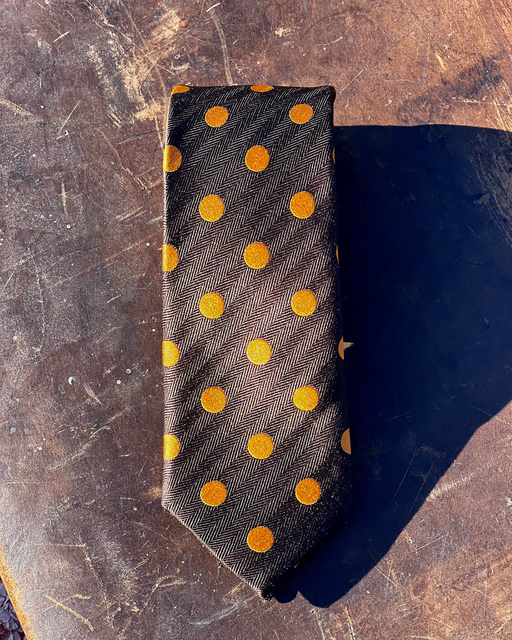 Brown silk tie with gold spots