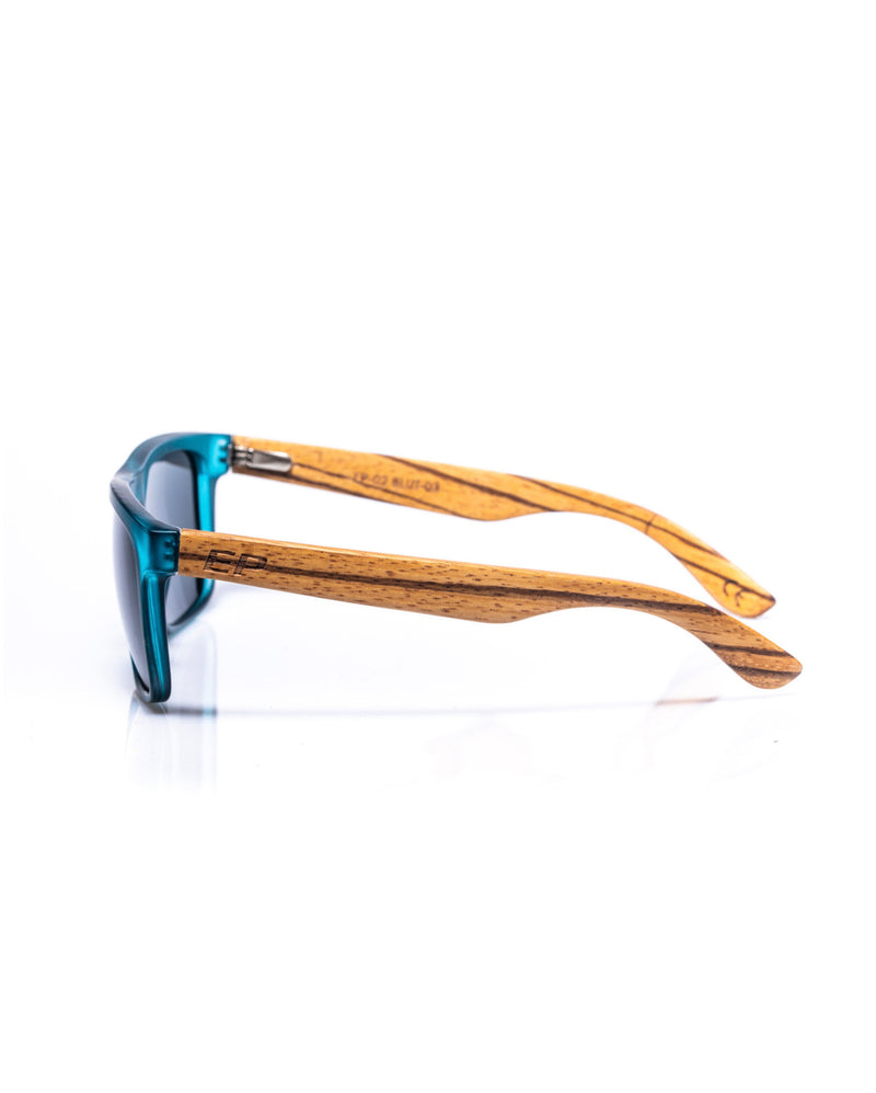 Electric Pukeko Sunglasses - Blue Frame with Zebrano Wood Arms