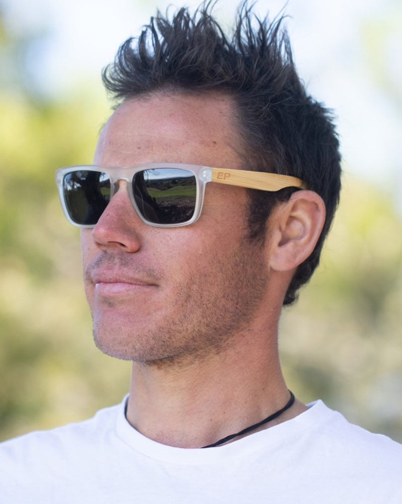 Electric Pukeko Sunglasses - Clear Frame with Bamboo Wood Arms