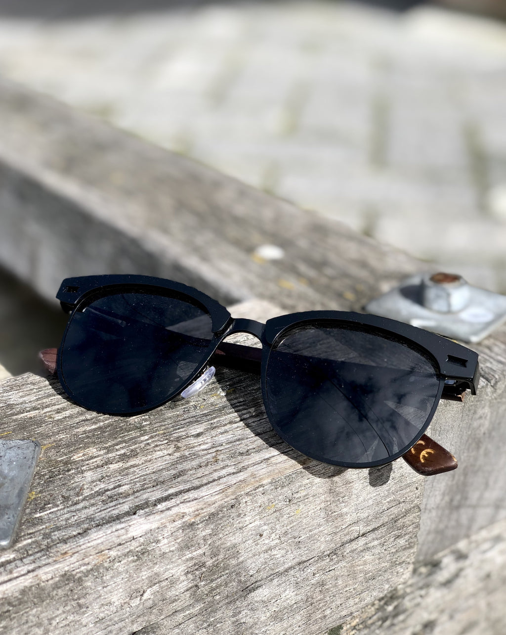 Electric Pukeko Sunglasses - Black Frames with Grey Polarised Lenses & Dark Wood Arms