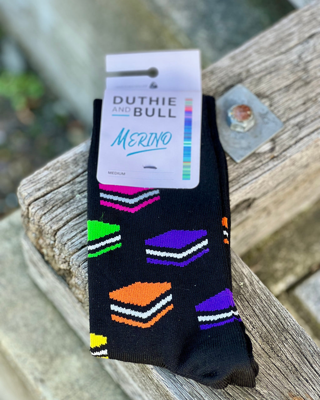 Black merino-mix mens socks with Allsorts motif by Duthie and Bull