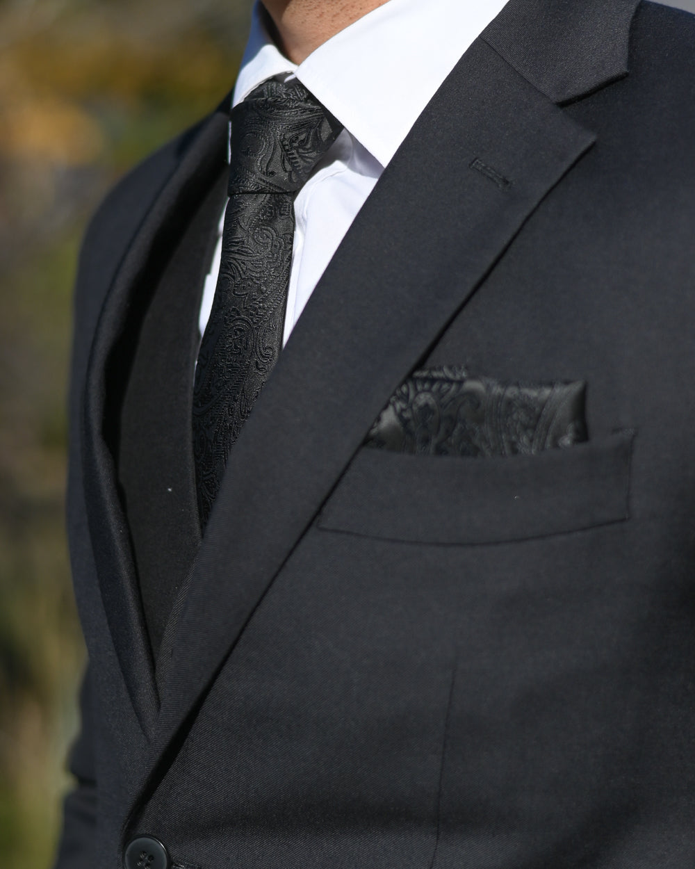 WEDDING SUIT HIRE - Black Satin Paisley Tie