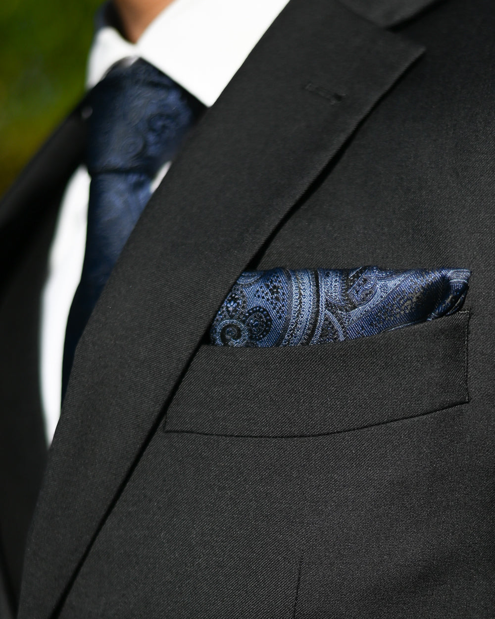 BLACK TIE SUIT HIRE Navy Blue Satin Paisley Pocket Square TO
