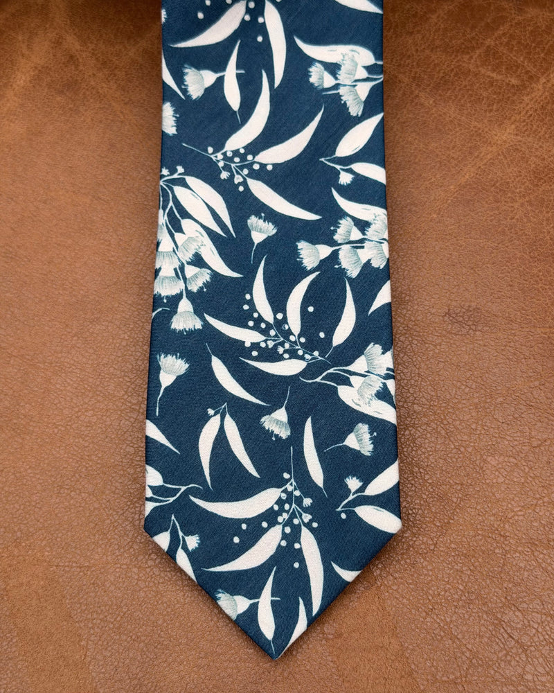 Buckle | Tie & Matching Pocket Square | Leaves & Flowers on Dark Navy Ground