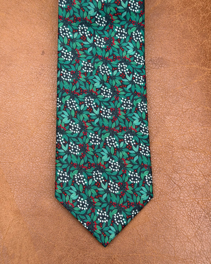 Buckle | Tie & Matching Pocket Square | Green Leaves & White Flowers