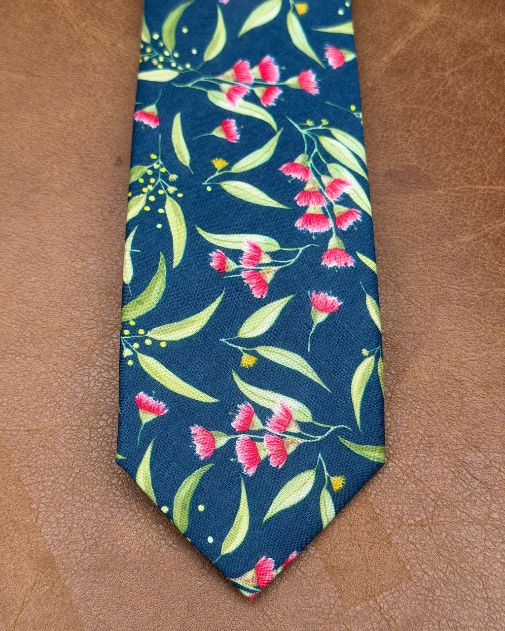 Buckle | Tie & Matching Pocket Square | Pink Flowers on Navy Ground