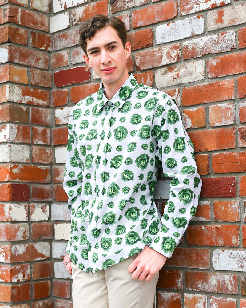 Man wearing a long-sleeve cotton cabbage print shirt by Mr Peacock made in NZ