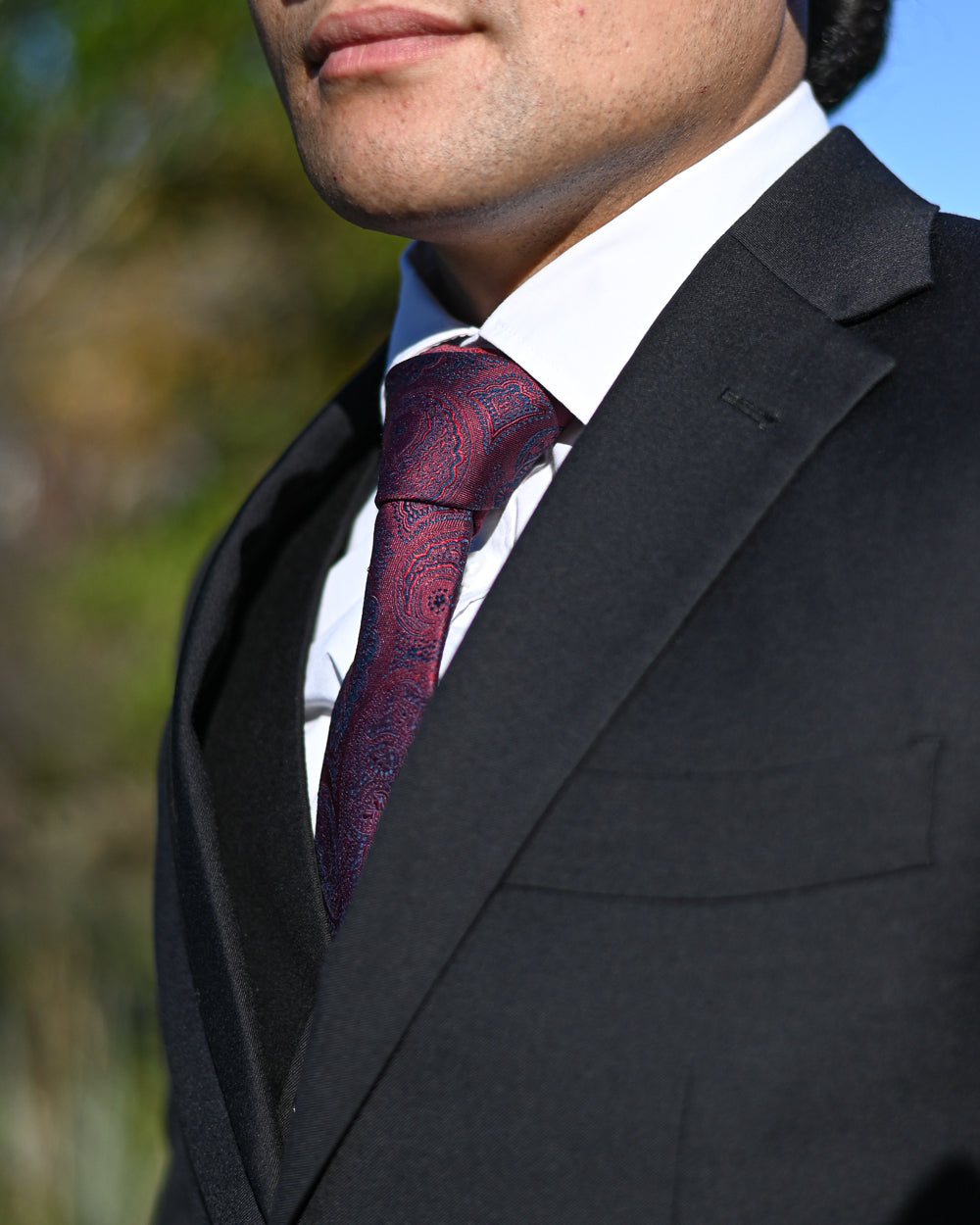 Crimson and blue paisley tie worn with a black suit