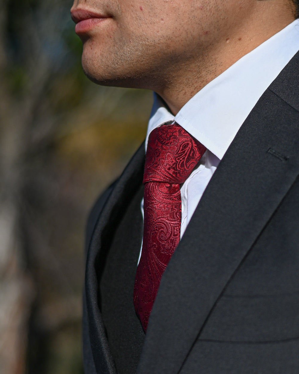 SCHOOL BALL-FORMAL SUIT HIRE | Crimson Satin Paisley Tie TO HIRE