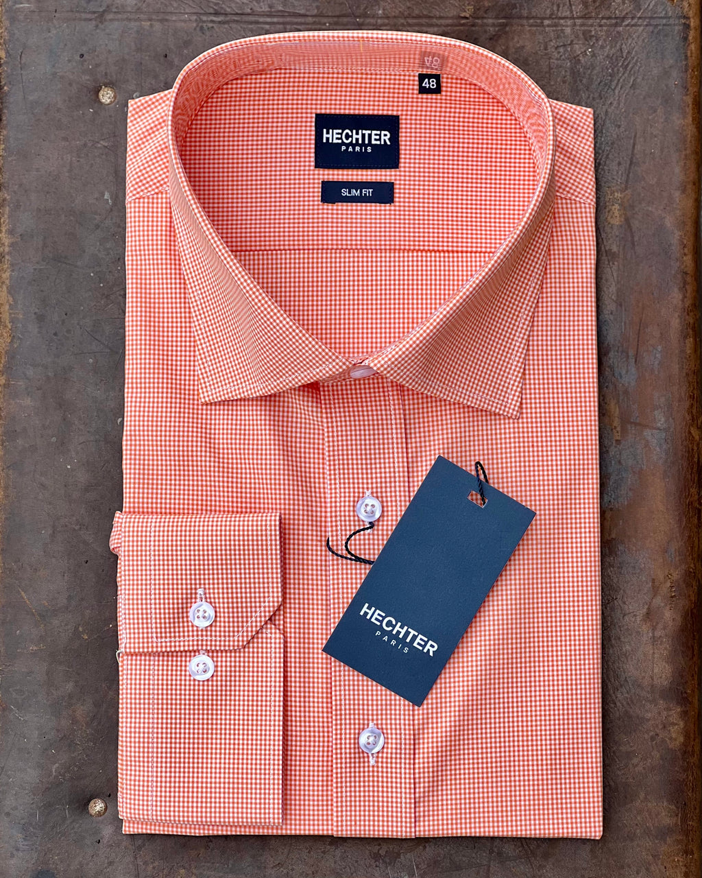 Long sleeve cotton shirt by Daniel Hechter in orange micro check