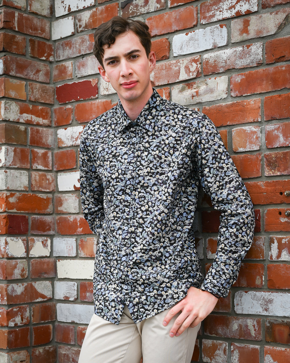 Man wearing long-sleeve cotton shirt - floral - Mr Peacock - Made in NZ