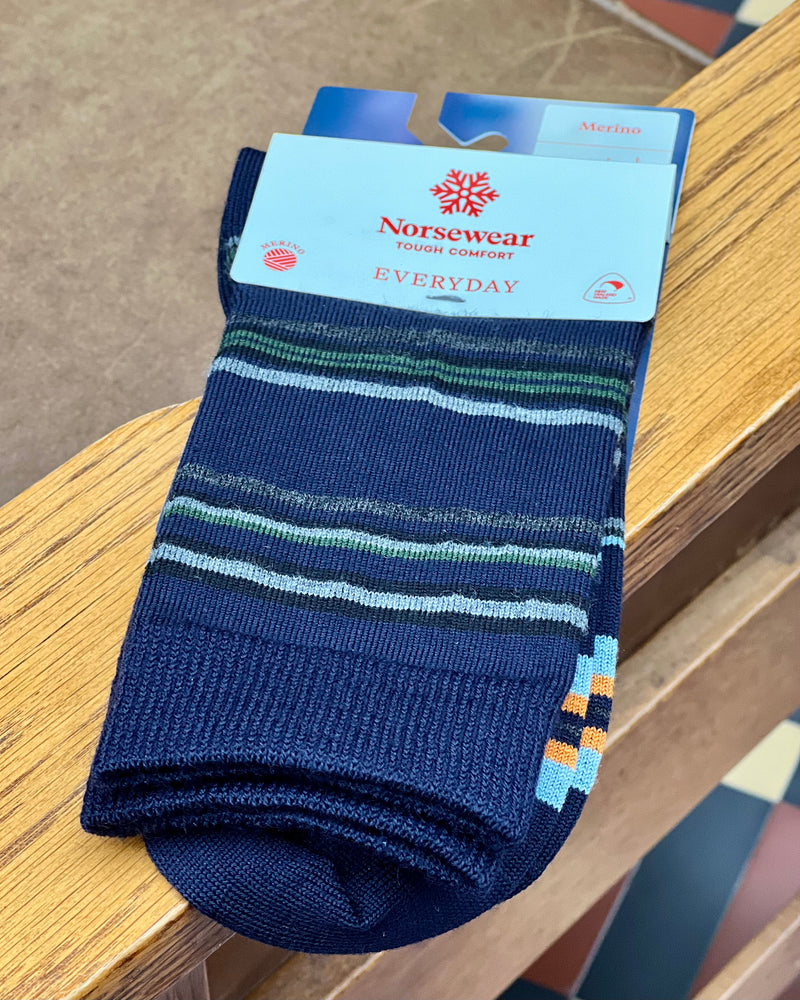 Navy blue striped merino dress socks 