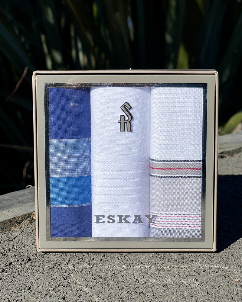 Eskay | Mens Handkerchief 3-Pack | 100 % Cotton |  Blue - White - Grey & White