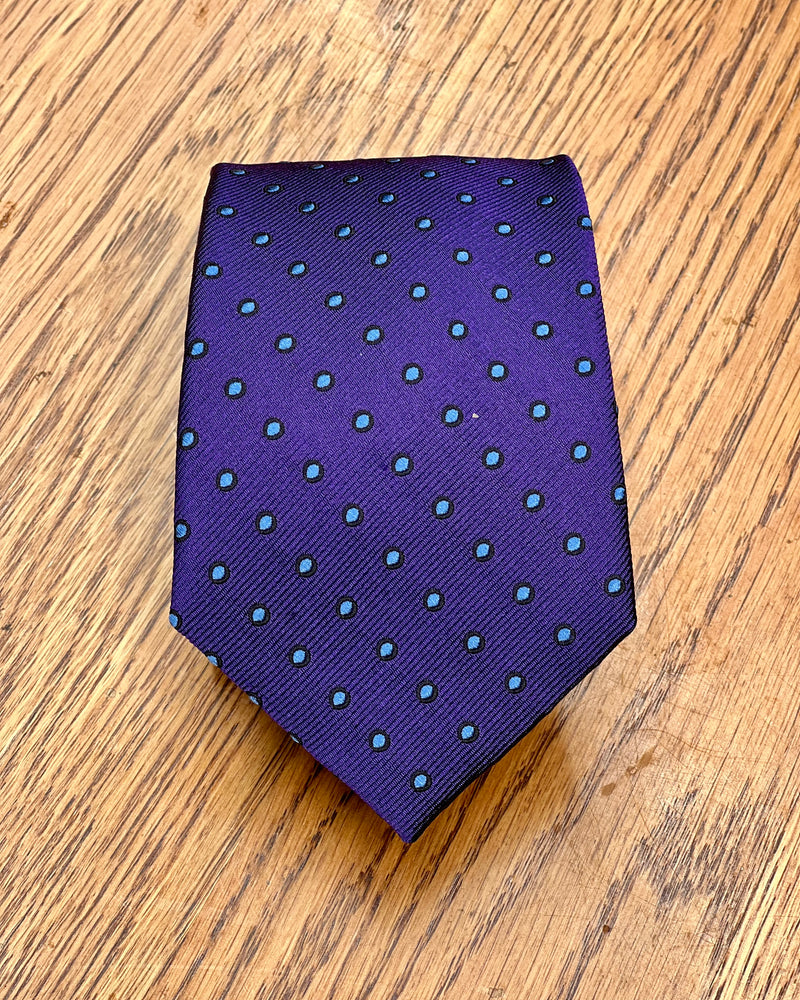 Michel Rouen | Pure Silk Tie | Blue Spots on Purple Ground