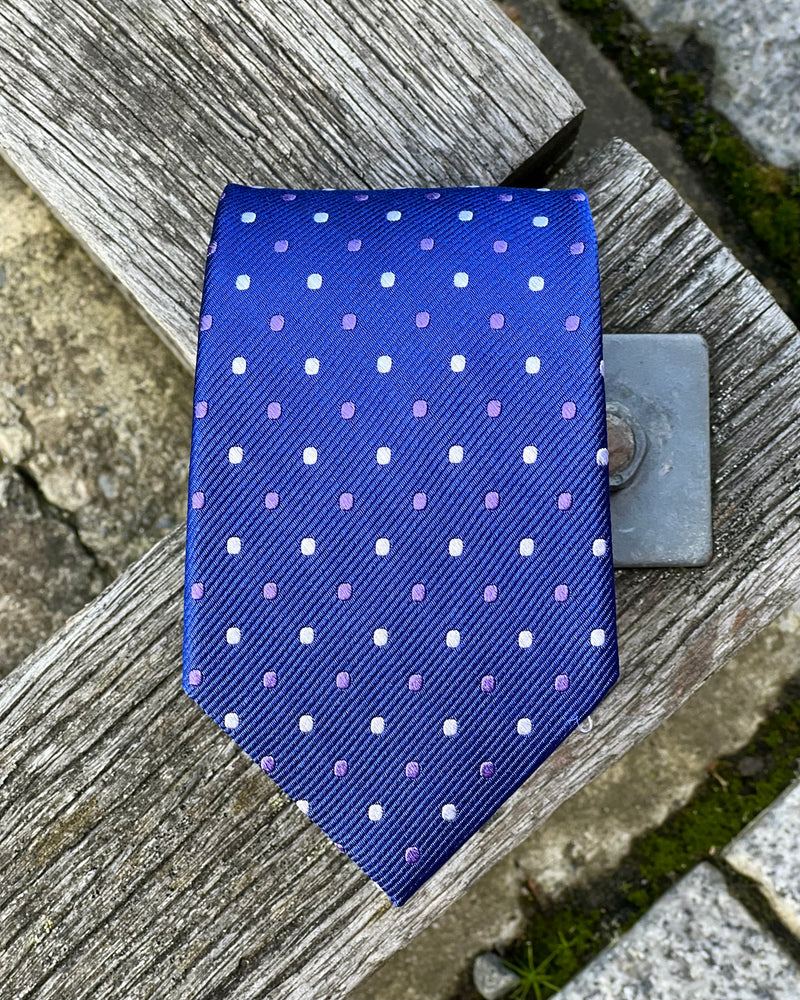 Michel Rouen | Pure Silk Tie | White and Grey Spots - Blue Background