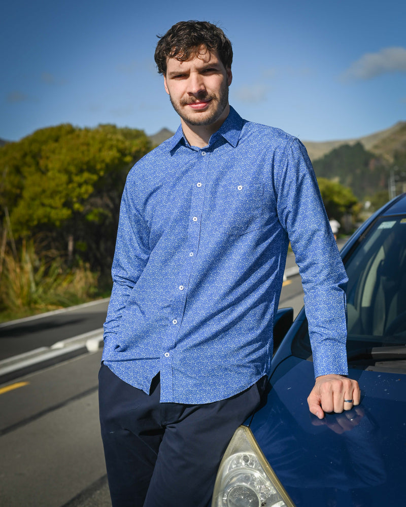 Portobello Road | Long-sleeve Shirt | Iron-cheater Fabric | Blue Bubble Flower