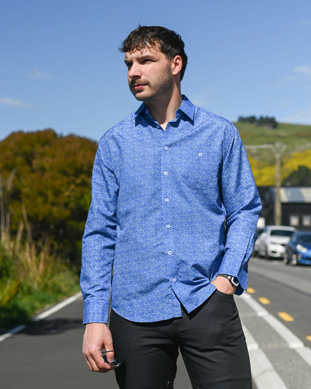 Portobello Road | Long-sleeve Shirt | Iron-cheater Fabric | Blue Dots