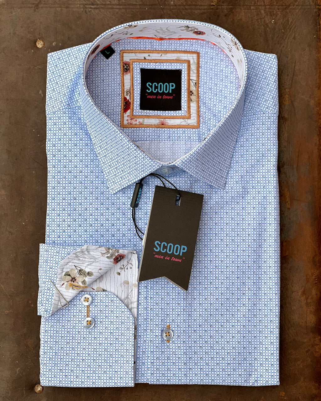 Scoop Long-sleeve Shirt | Blue Micro-Check | Cotton Mix