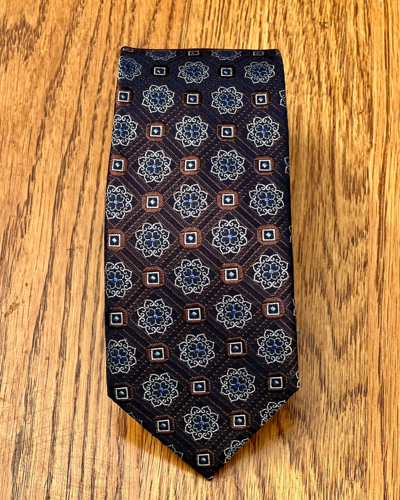 Silandro | Pure Silk Tie | Abstract Flower Motif Brown Background | CLEARANCE