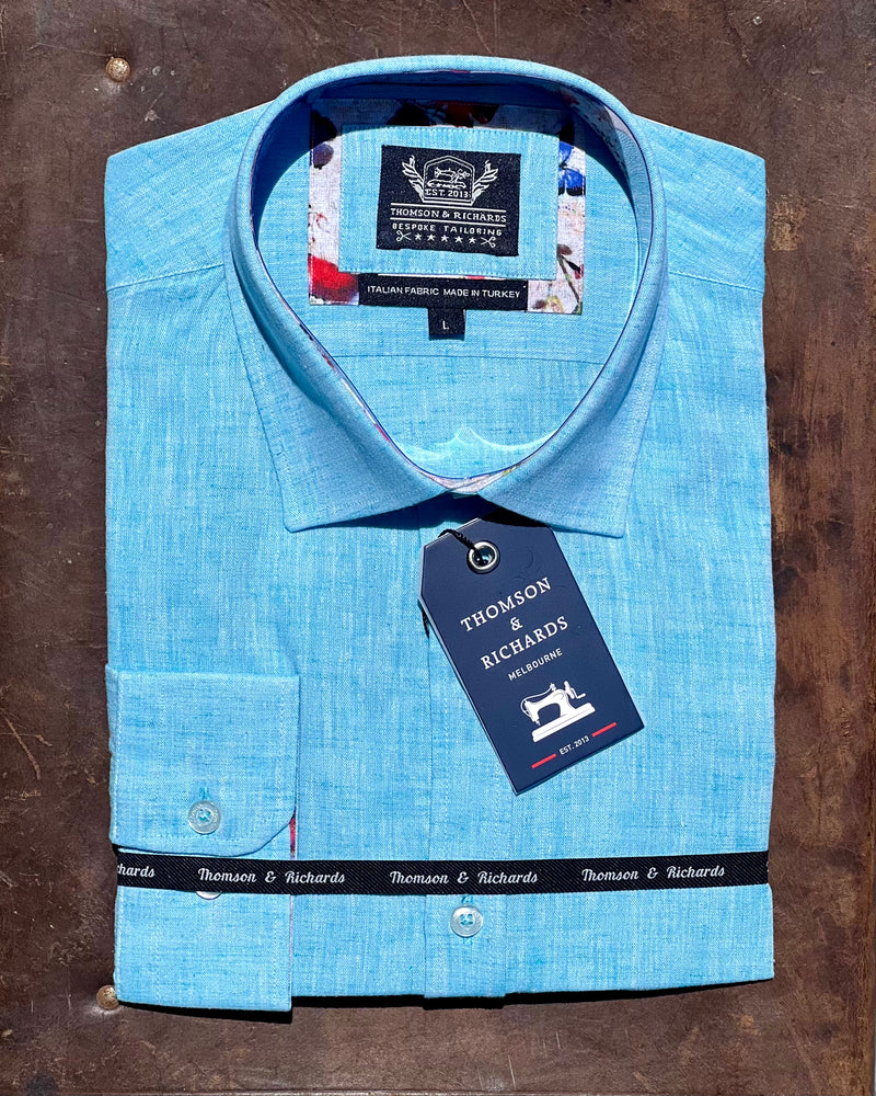 Blue linen-mix mens shirt by Thomson & Richards