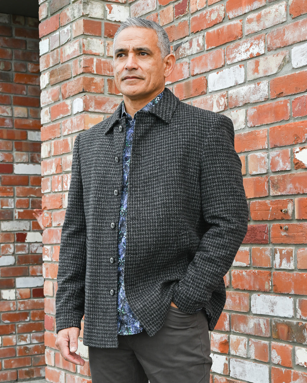 Men's Winter jacket in dark grey wool-mix check