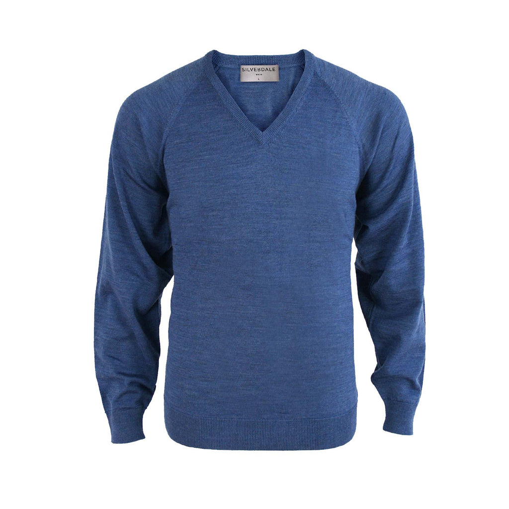 Fine merino tee-neck blue pullover by Silverdale