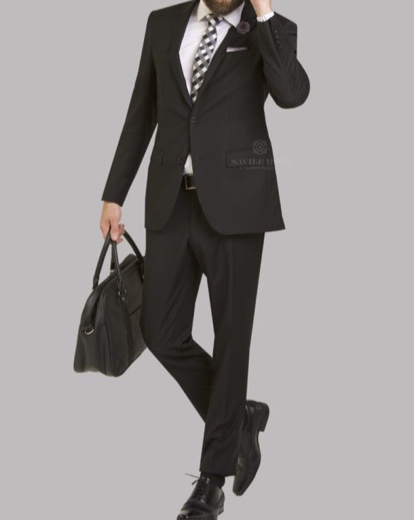 Savile Row Black Suit Trousers worn with Savile Row Black Suit Jacket in pure merino wool