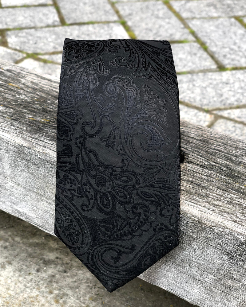 Black Satin Paisley Tie - Polyester 
