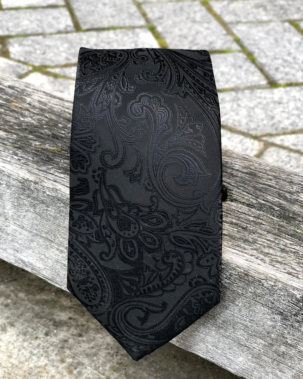 Black Satin Paisley Tie - Self colour paisley