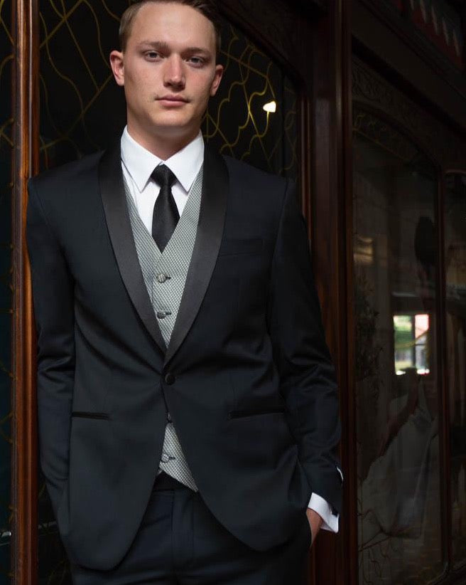 Black pure wool dinner jacket with satin facing shawl facing lapels and single button