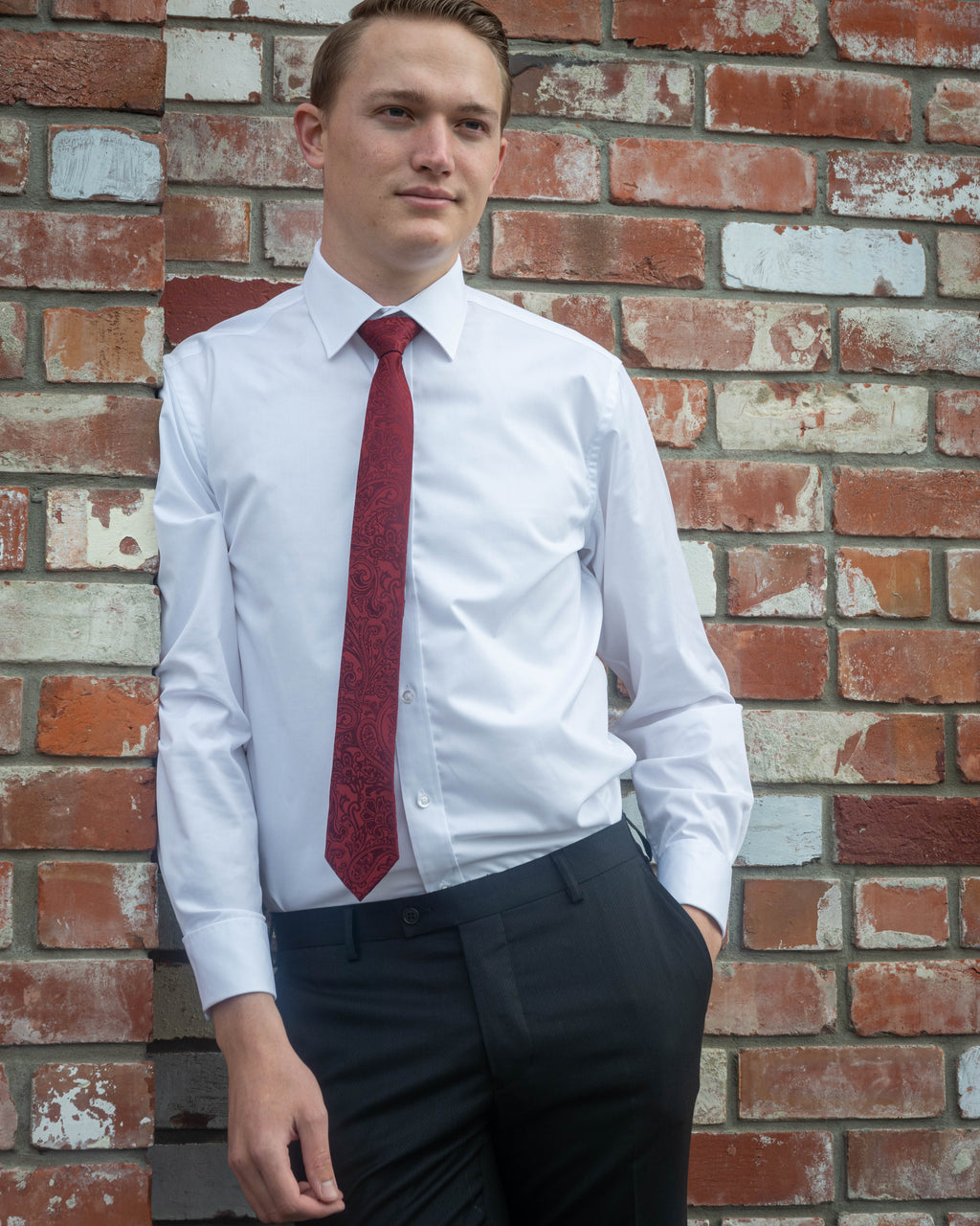 Plain Collar Double French Cuff White Shirt worn with a crimson paisley tie and black trousers