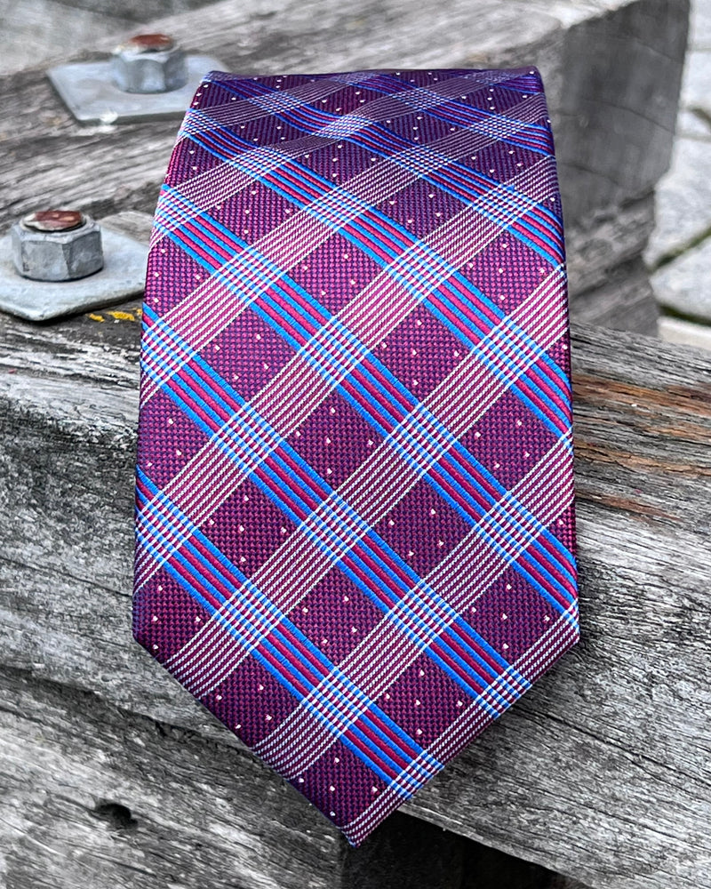 Pure silk check tie - purple, blue and red