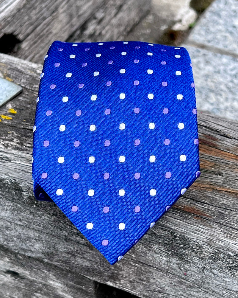 Pure Silk Tie - White and grey Spots on a blue background