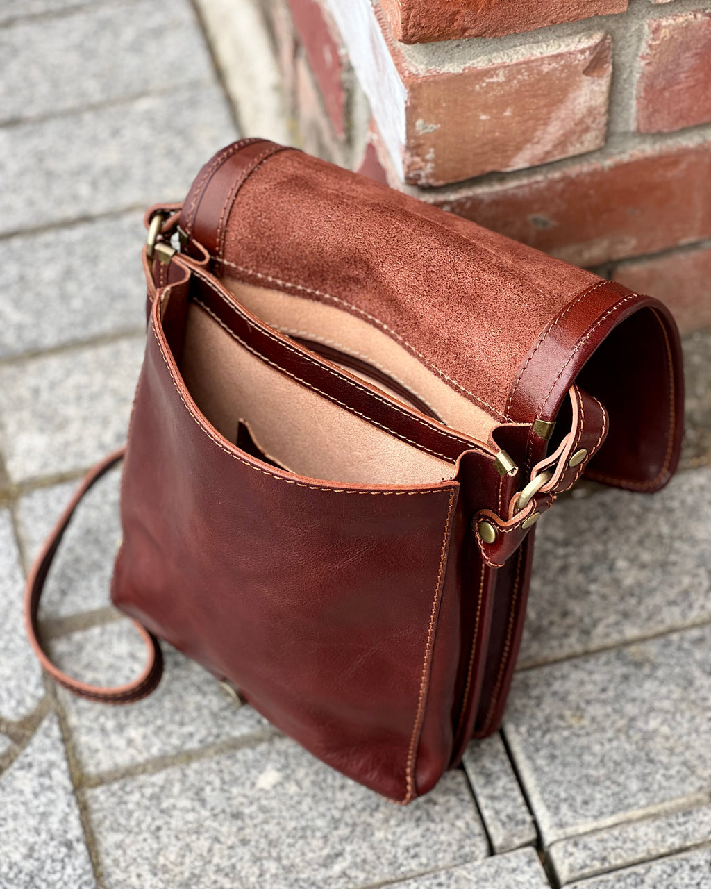 Interior of dark brown genuine leather satchel by Emporia Italia