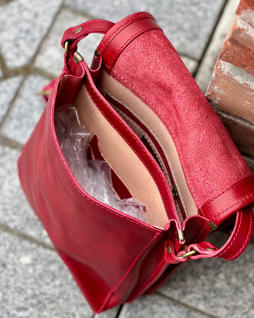 Interior of genuine leather satchel by Emporia Italia in dark red leather