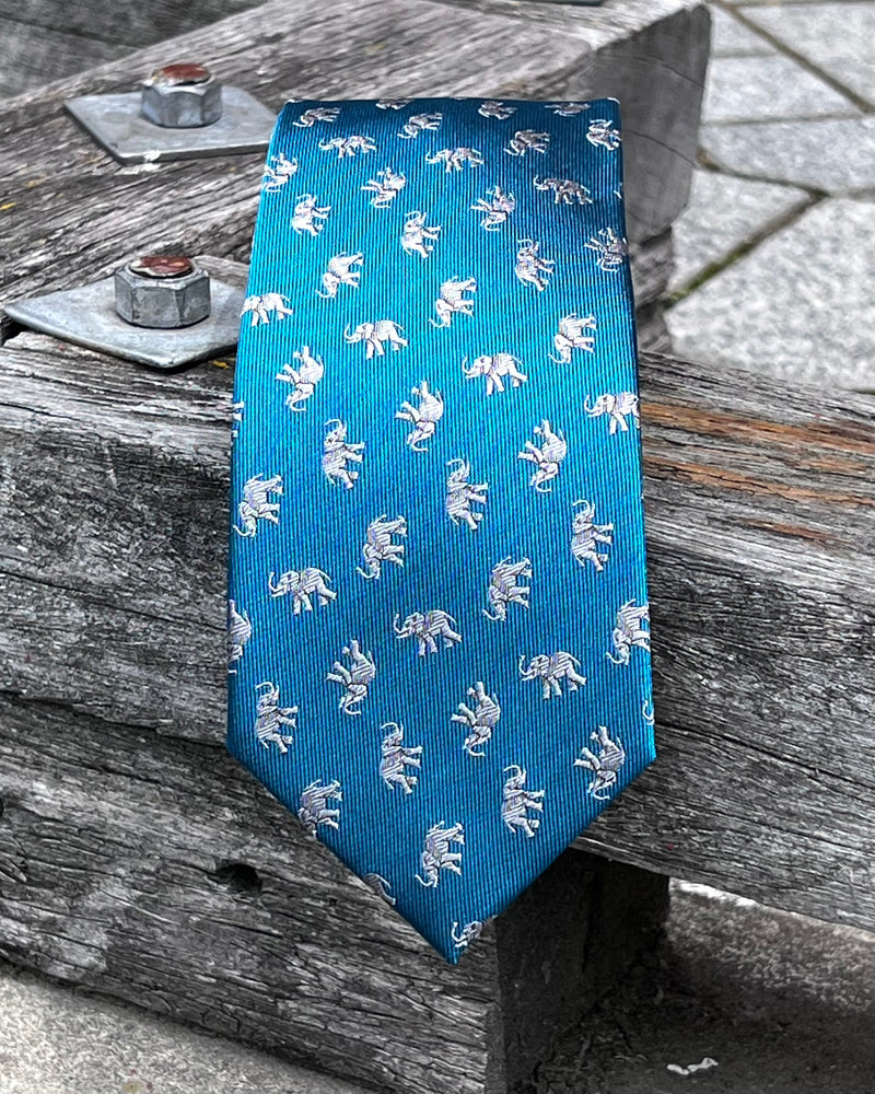 Pure Silk Tie - Silver Elephants on a Turquoise Background