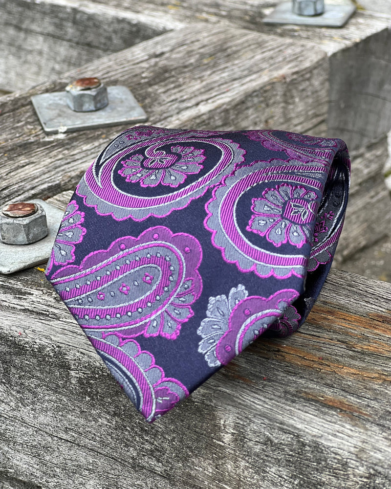 Pure silk tie in purple and navy paisley pattern