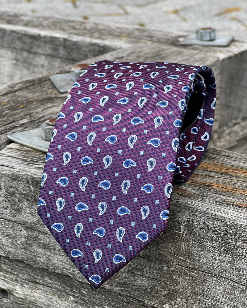 Pure silk tie - purple with tiny blue and silver paisley motifs