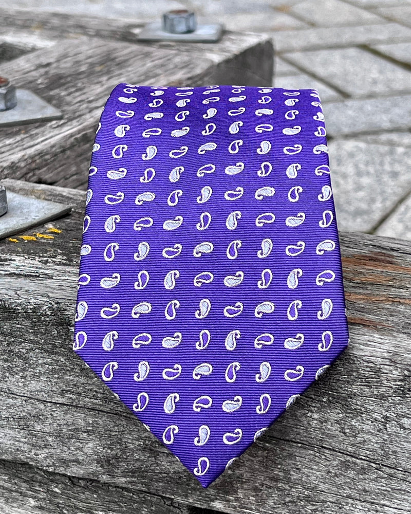 Pure silk tie - purple with small white paisley motifs