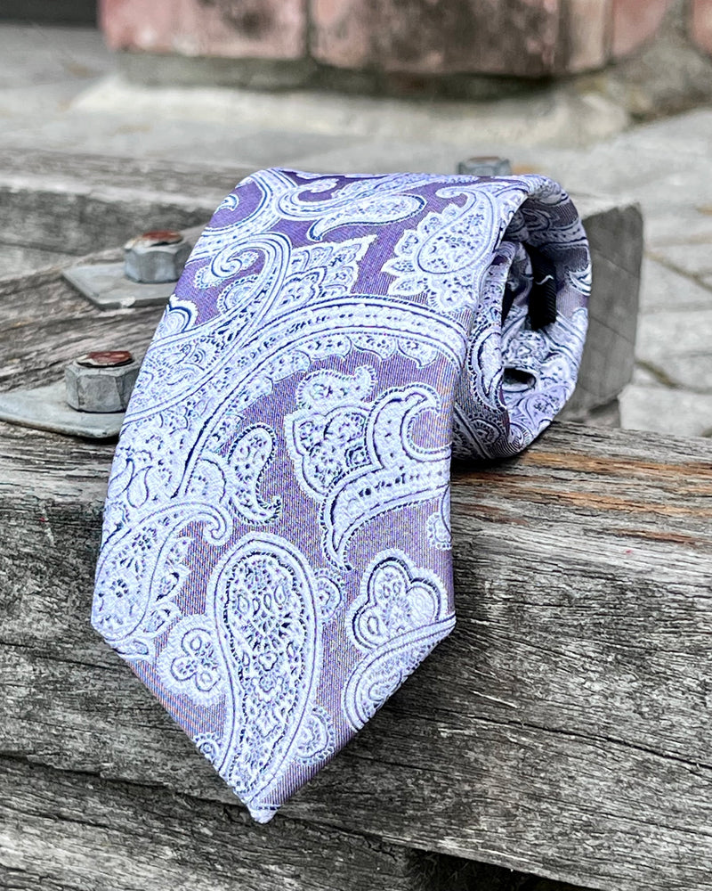 Pure silk tie - purple and silver paisley 