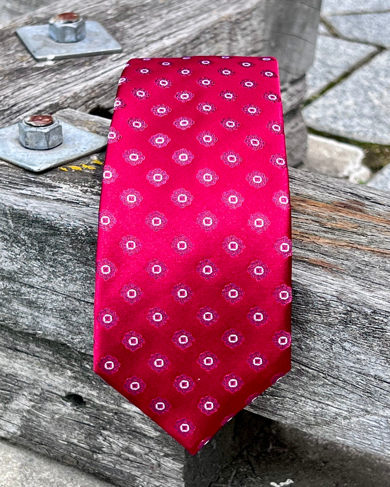 Pure Silk Tie - Circular motifs against bright red background