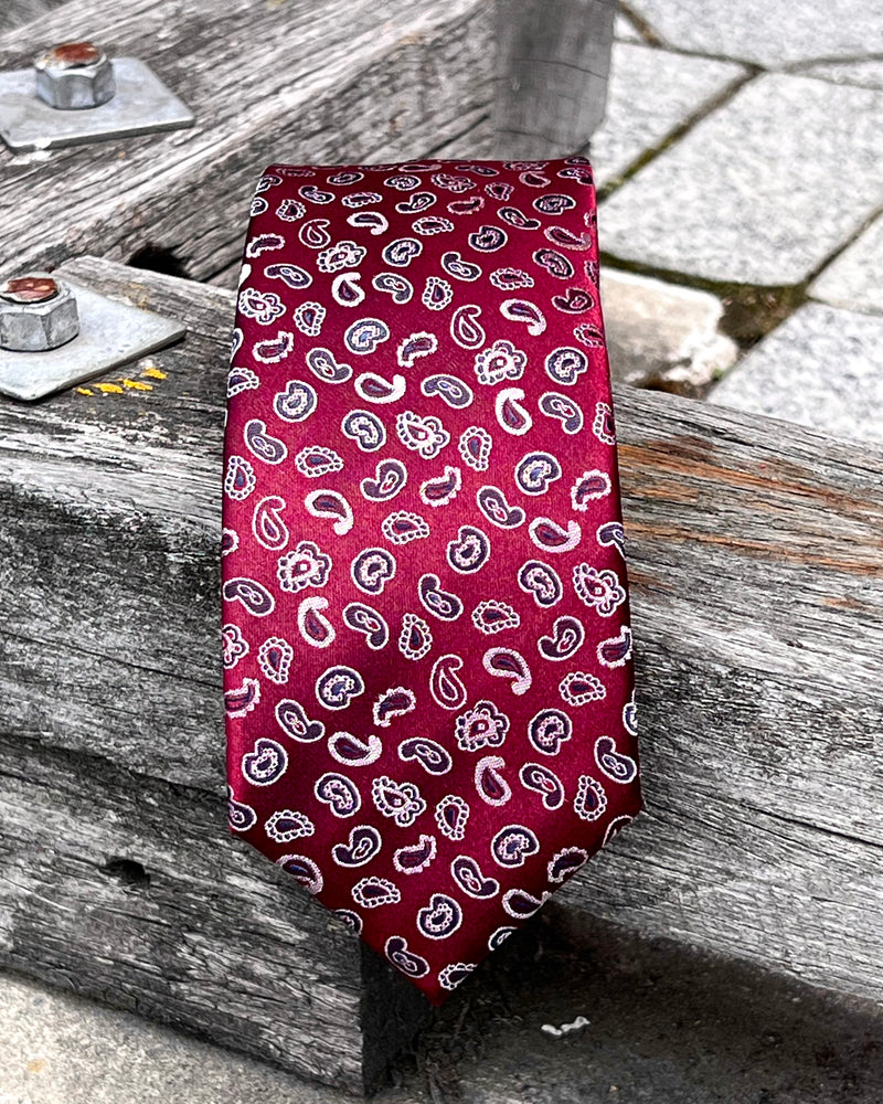 Pure silk tie with small paisley motifs - Crimson and white