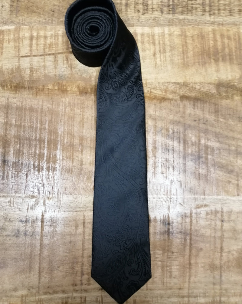 A black satin paisley tie which would work well for formal occasions