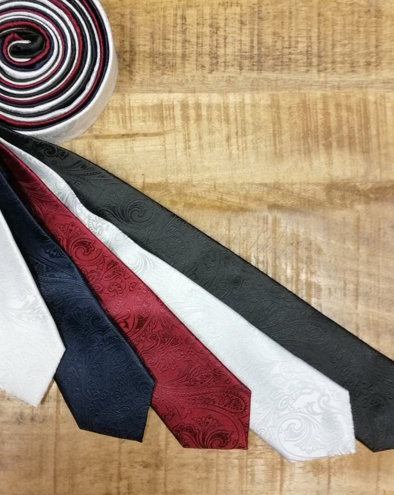 Satin paisley ties in white, silver, black, navy and crimson