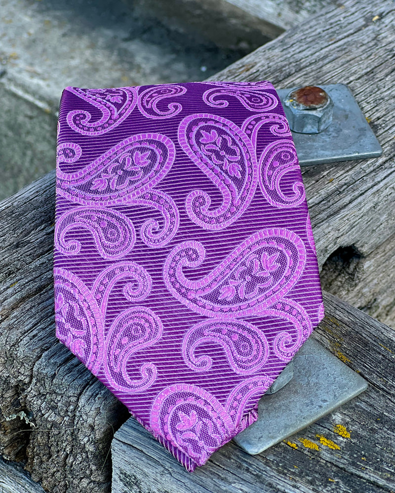 Pure Silk Tie - Michel Rouen - Purple Paisley Tie 
