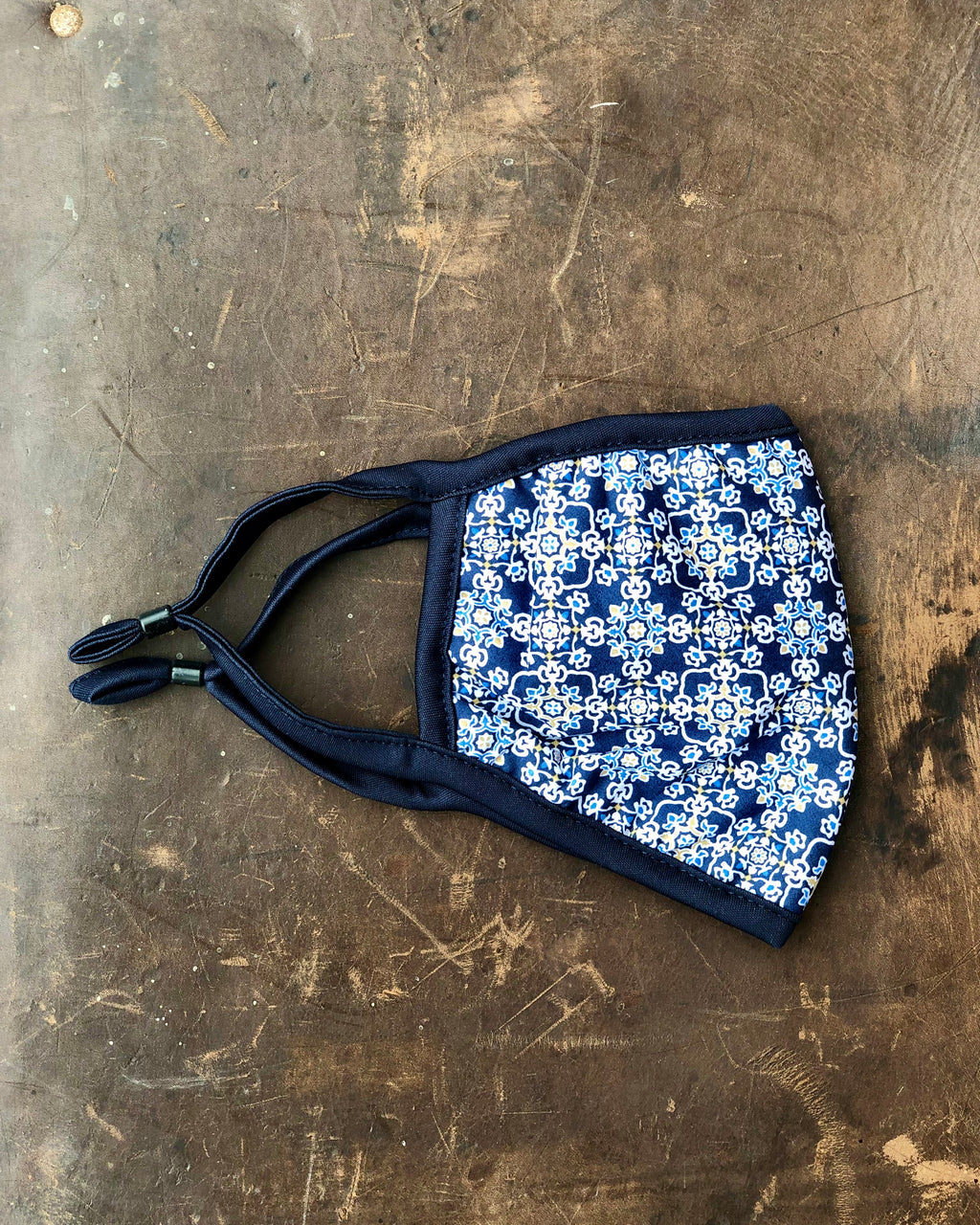 Re-useable Face Mask in navy and light blue cotton print