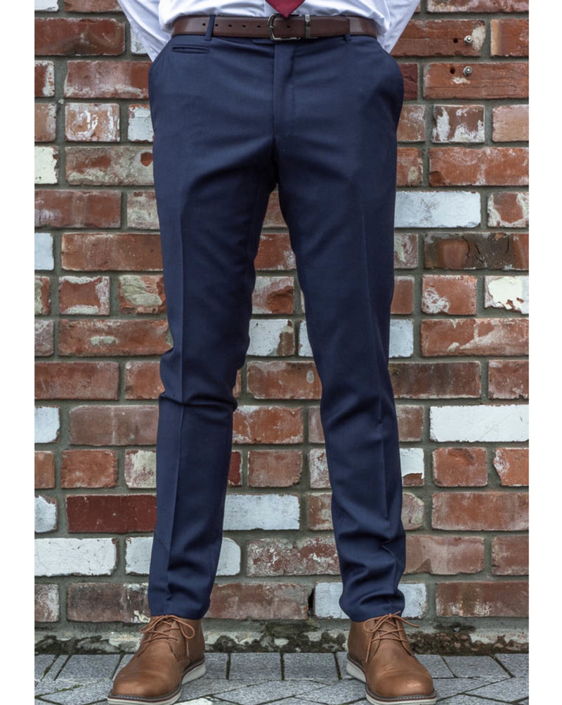 Savile Row Pure Wool Suit Trousers in Marine - Blue - worn with brown shoes