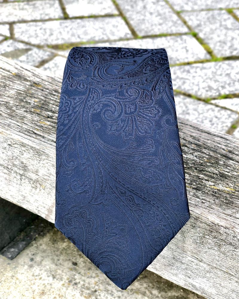 Navy satin paisley tie for hire - self-colour paisley tie