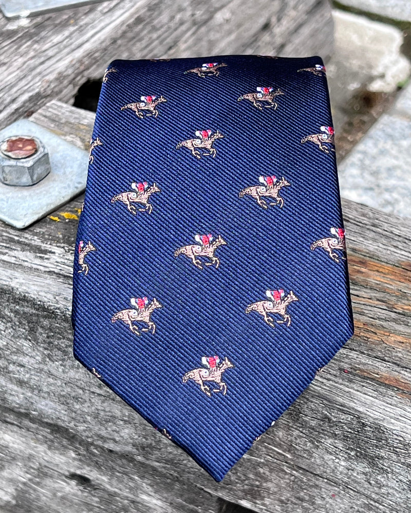 Pure Silk Tie - Racehorse motif against dark navy background